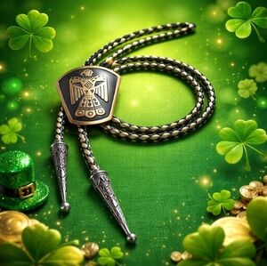 Vintage Copper Thunderbird Bolo Tie Native Style Western Necklace Black & White